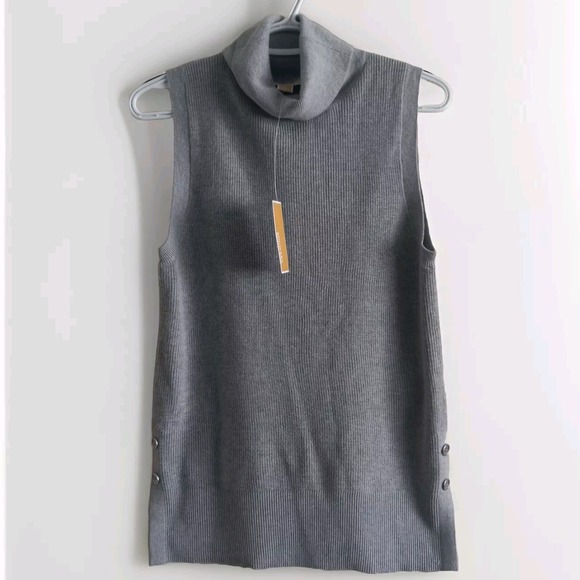 Michael Kors Gray Sleeveless Turtleneck Sweater Top Button Accent M - Picture 1 of 6